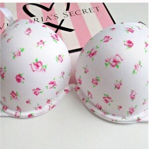 💕PINK Victoria's Secret Super Push Bra 2 Cup Size White with Pink Roses 💕